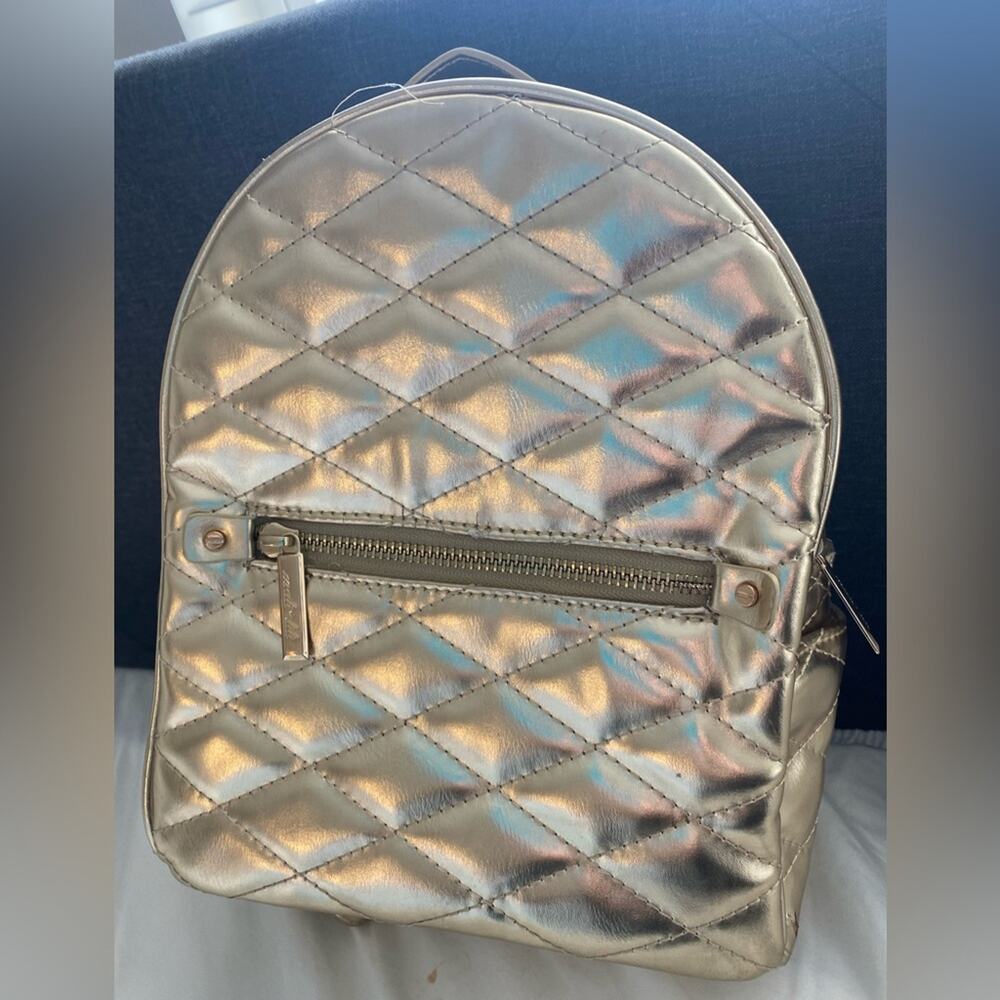 Malibu Gold Metallic Vegan Leather Diamond Quilted Backpack Zipper Pockets